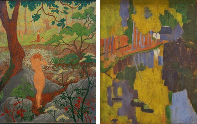 [LEFT] Paul Sérusier, The Talisman,1888, Musée d’Orsay, Paris. Image: Heritage Images / Fine Art Images / akg-images CAPTION: [RIGHT] Paul Ranson, Nu se coiffant au bord de l'étang, 1897, private collection. Image: akg-images